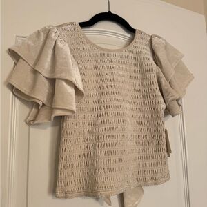 Cream Smocked Top with Layered Ruffle Sleeves